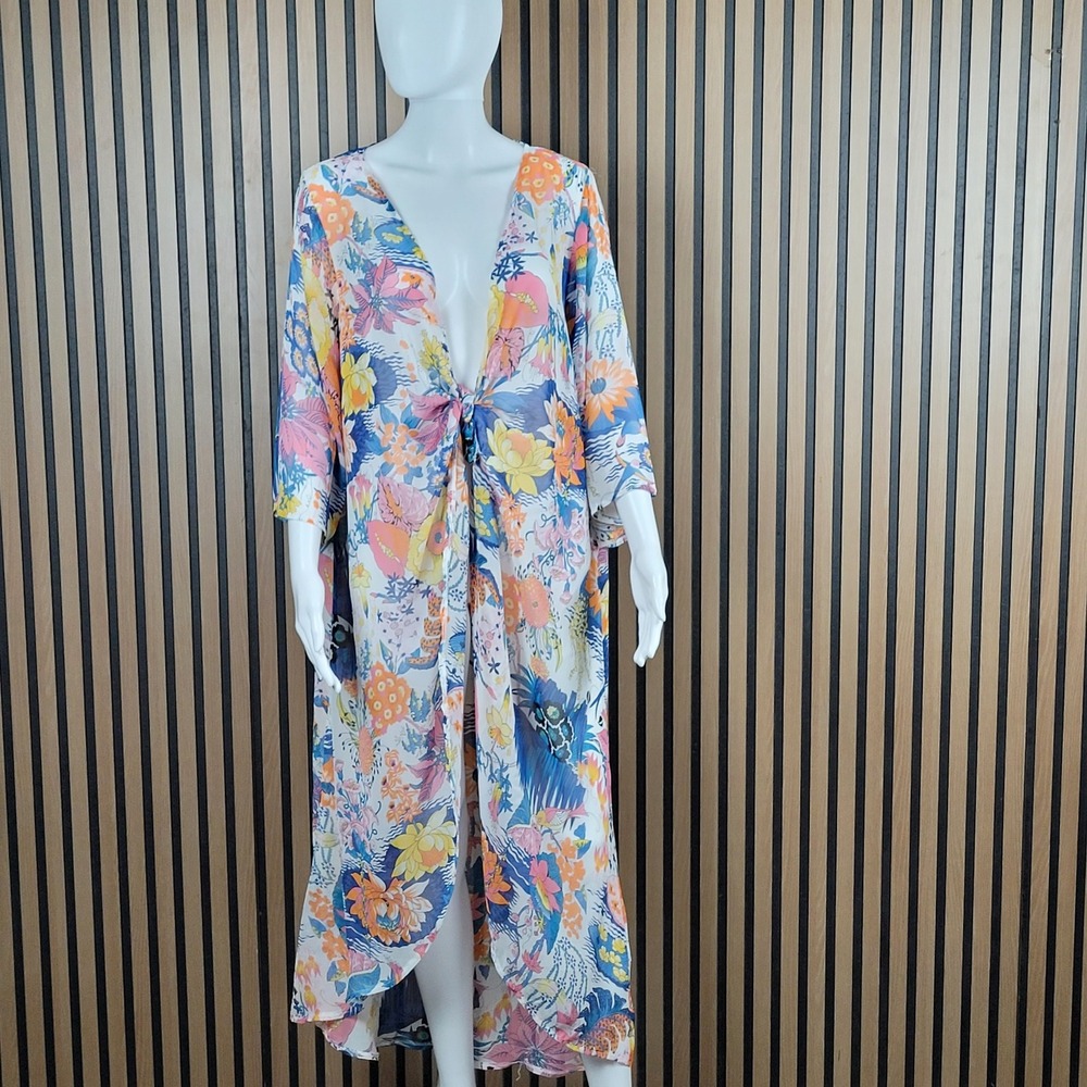 Ekouaer Kimono Cover Up Tropical Floral White Blue Chiffon High Low - Large